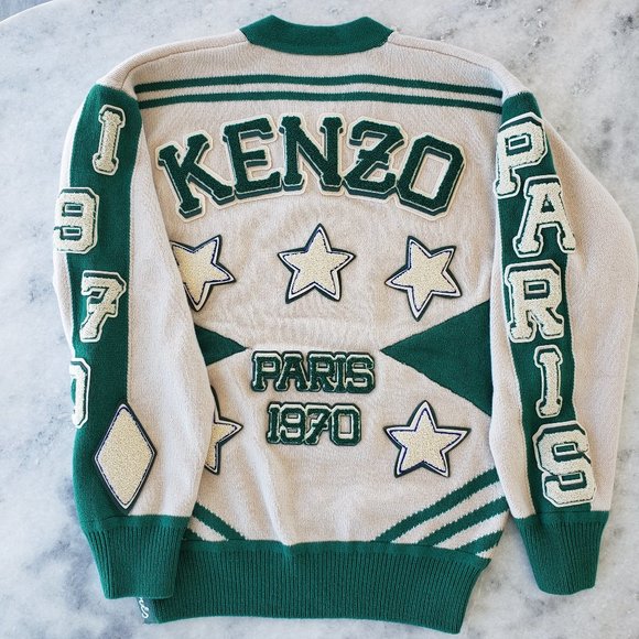 NWOT Kenzo Paris Tiger Intarsia wool V-Neck Sweater Beige/Green - Picture 3 of 5